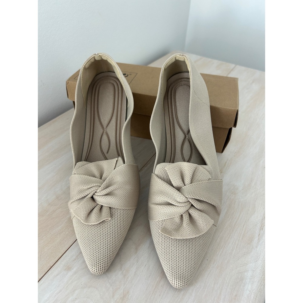 New HIULYCENCE Nude Pointed Toe‎ Ballet Flats with Bow Knit Dressy Shoes US 10